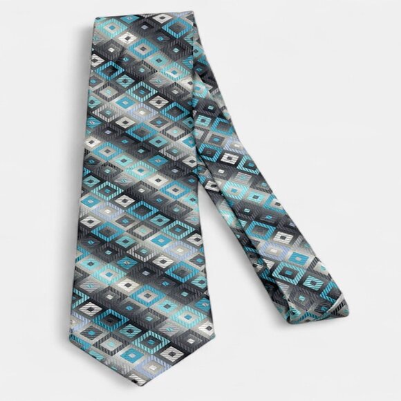 Croft & Barrow Tie Turquoise Silver Geometric Checker Formal Professional - Picture 3 of 6